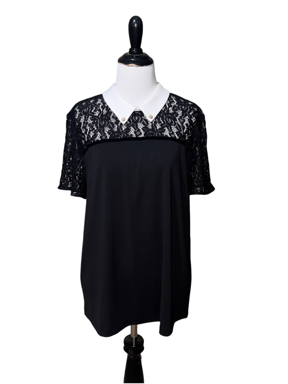 Karl Lagerfeld Paris Women's L Large Blouse Top Black Lace Collared Short Sleeve